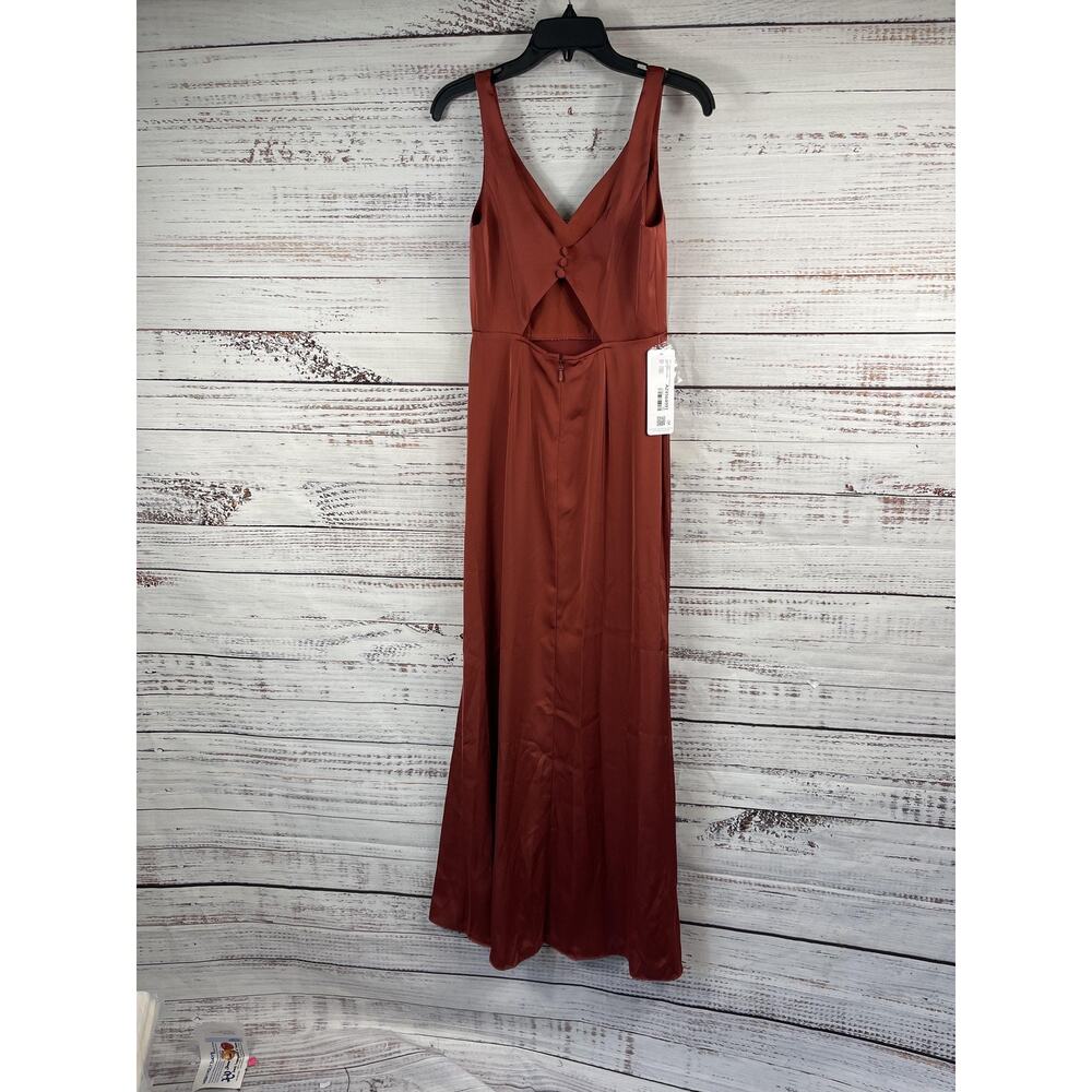 Azazie Dress Women's 4 Rust V Neck Satin Formal Bridesmaid Gown Open Back Slit - Picture 11 of 13